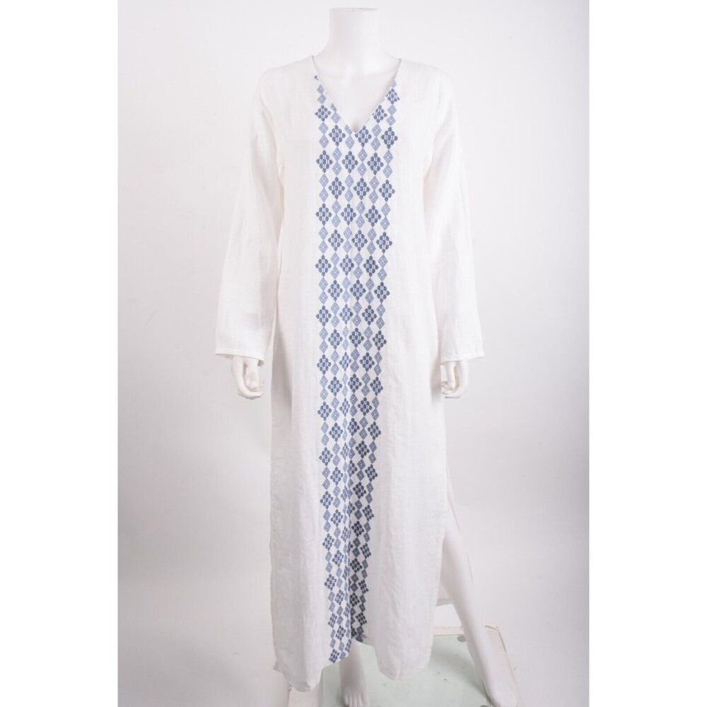 Johnny Was Womans Kaftan Maxi Dress XS White Linen Blue Embroidery NWT
